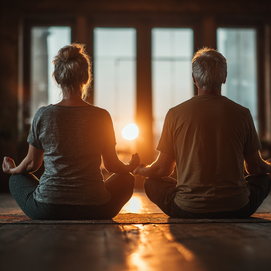 Idősebb emberek csoport jóga óráján együtt gyakorolnak